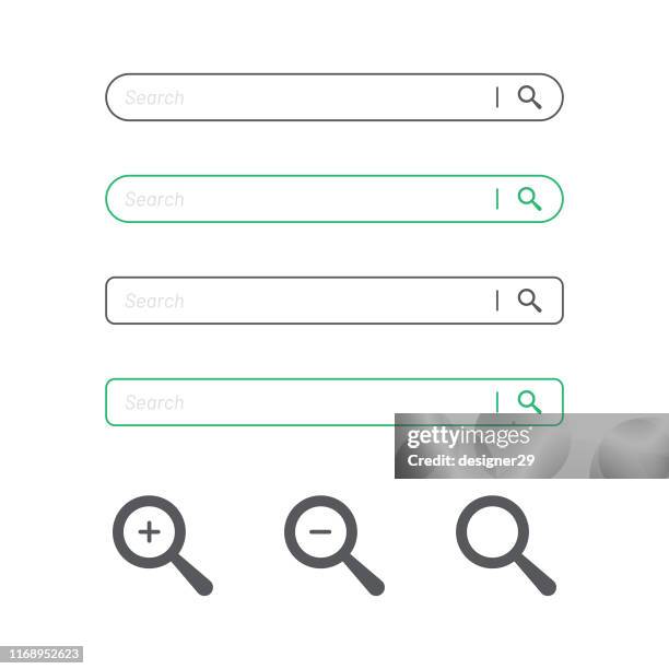 illustrazioni stock, clip art, cartoni animati e icone di tendenza di barra di ricerca e design piatto dell'icona della lente d'ingrandimento. - motore di ricerca
