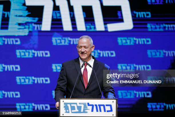 Benny Gantz, leader and candidate of the Israel Resilience party that is part of the Blue and White political alliance, addresses supporters at the...