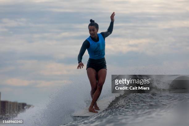 Longboard surfer Kelia Moniz of Hawaii advances to the Quarterfinals of the 2019 Longboard Classic New York after winning Heat 1 of Round 4 at Long...
