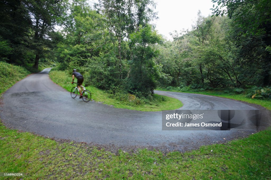 Road Cyclist cycling uphill round switchback in the road through woodland.