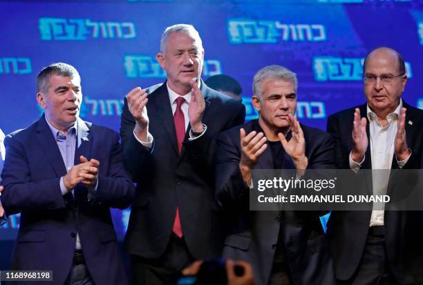 Independent Gabi Ashkenazi, Benny Gantz of the Israel Resilience party, Yair Lapid of the Yesh Atid party, and Moshe Yaalon of the Telem party,...