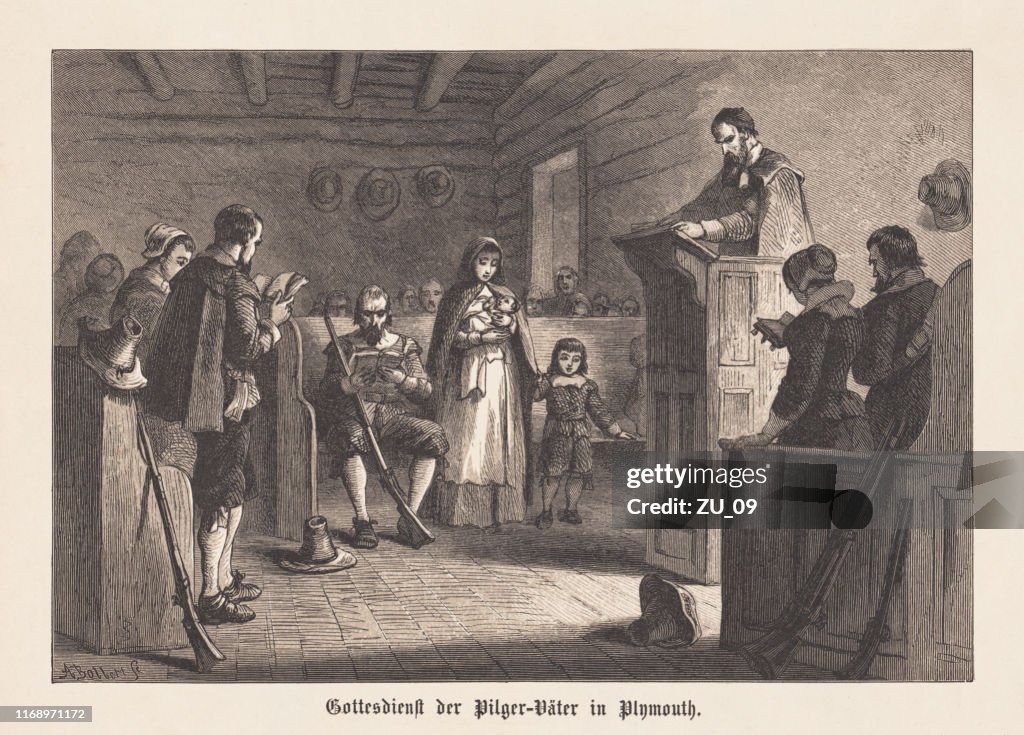 Worship of the Pilgrim Fathers in Plymouth Colony in 1620