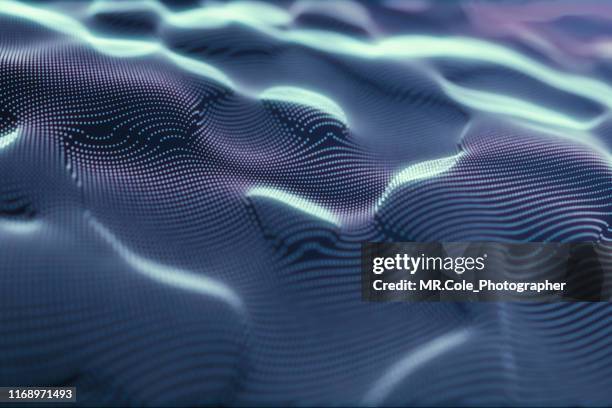 3d illustration rendering of water drop water drop pattern.futuristic particles digital landscape wave  abstract background for business, science and technology - 3d typo stock-fotos und bilder