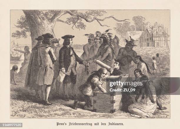 stockillustraties, clipart, cartoons en iconen met verdrag van william penn met de indianen, 1682, houtsnede, gepubliceerd 1876 - delaware verenigde staten