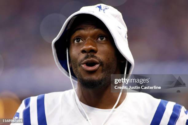 Devin Funchess of the Indianapolis Colts on the sidelines during the preseason game against the Cleveland Browns at Lucas Oil Stadium on August 17,...