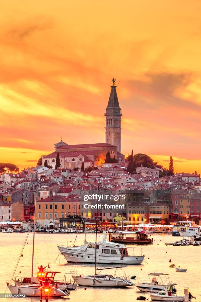 Beautiful sunset over city of Rovinj, Istria, Croatia