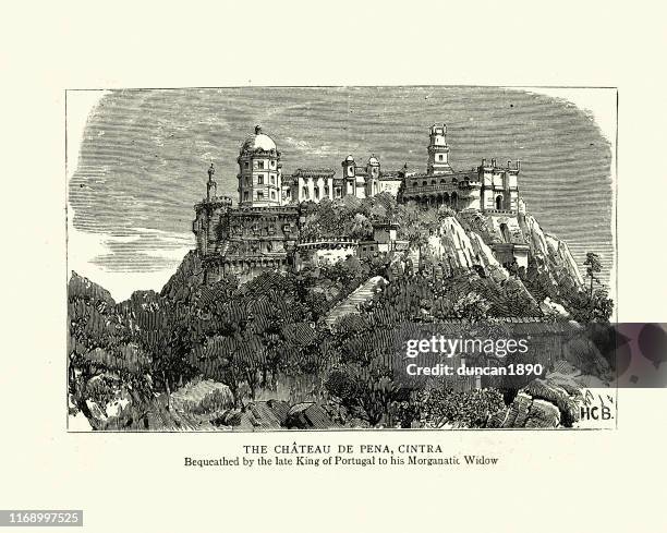 chateau de pena, sintra, portugal, 19th century - sintra portugal stock illustrations