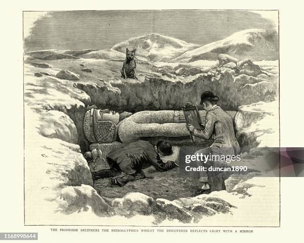ilustraciones, imágenes clip art, dibujos animados e iconos de stock de descubrimiento de una estatua colosal de ramsés ii, egipto, 1886 - arqueólogo