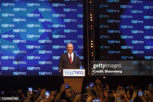 Benny Gantz, leader of the Blue and White party, pauses as he speaks to his supporters in Tel Aviv, Israel, on Wednesday, Sept. 18, 2019. Israels...