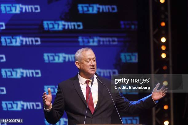 Benny Gantz, leader of the Blue and White party, speaks to his supporters in Tel Aviv, Israel, on Wednesday, Sept. 18, 2019. Israels election do-over...