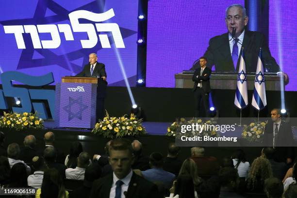 Benjamin Netanyahu, Israel's prime minister, speaks at the Likud party headquarters in Tel Aviv, Israel, early on Wednesday, Sept. 18, 2019. Israels...