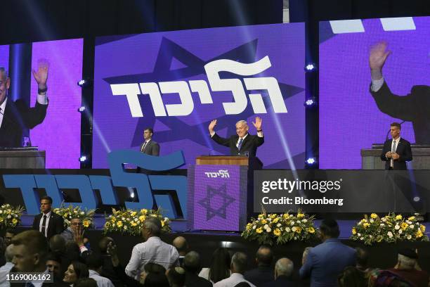 Benjamin Netanyahu, Israel's prime minister, gestures as he speaks at the Likud party headquarters in Tel Aviv, Israel, early on Wednesday, Sept. 18,...