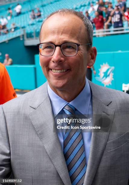 New England Patriots President Jonathan Kraft smiles on the sidelines before the start of the NFL game between the New England Patriots and the Miami...