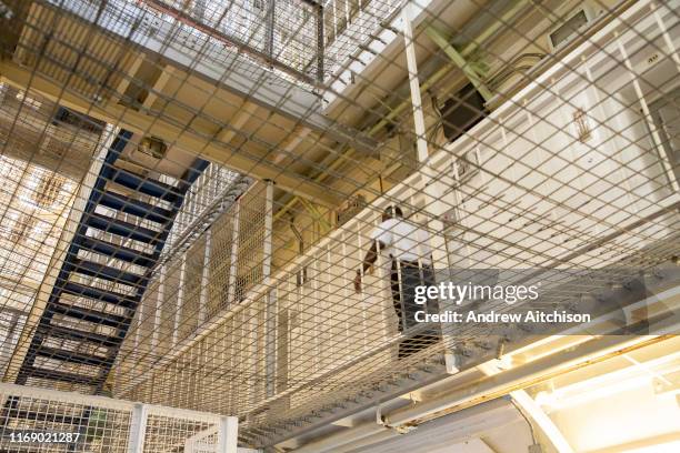 Prison Officer walks along the landing of Her Majestys Prison Pentonville, London, United Kingdom. Pentonville is a local prison and holds Category B...