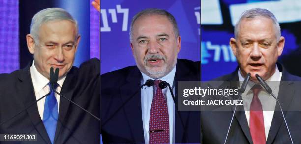 This combination of pictures created on September 18, 2019 shows : Israeli Prime Minister Benjamin Netanyahu addressing supporters in Tel Aviv early...