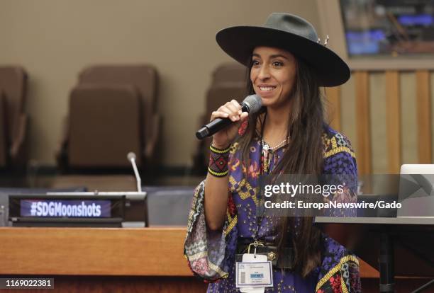 Actress Oona Chaplin attends NOVUS Summit SDG Moonshots at the United Nations Headquarters in New York City, New York, July 20, 2019.