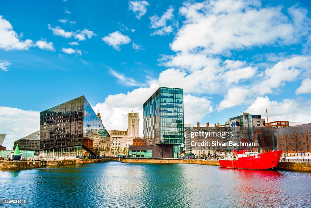 Waterfront and city skyline, Liverpool, Merseyside, United Kingdom