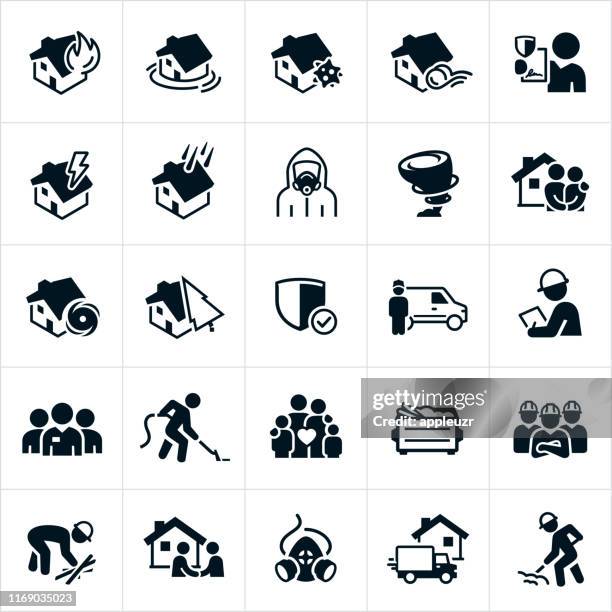 storm and disaster cleanup icons - air respirator mask stock illustrations