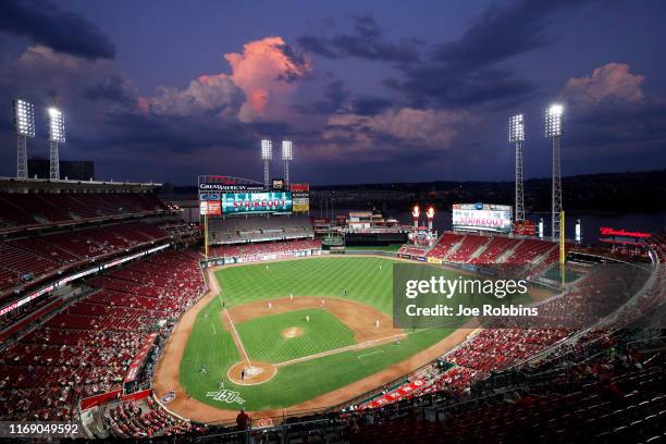 General view as the sun sets after a strike out by Trevor Bauer of the Cincinnati Reds in the fifth inning against the San Diego Padres at Great...