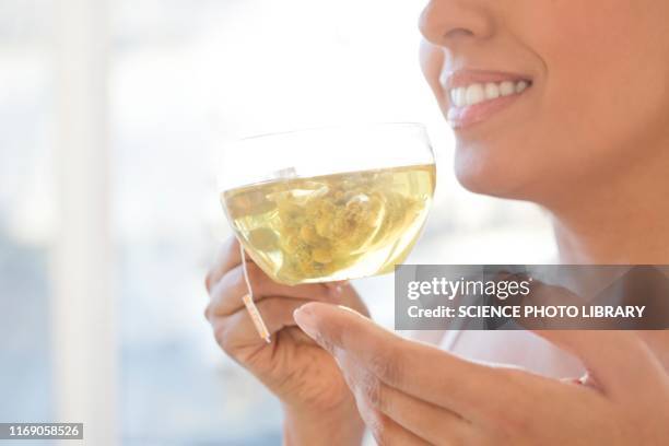 woman drinking herbal tea - chamomile stock pictures, royalty-free photos & images