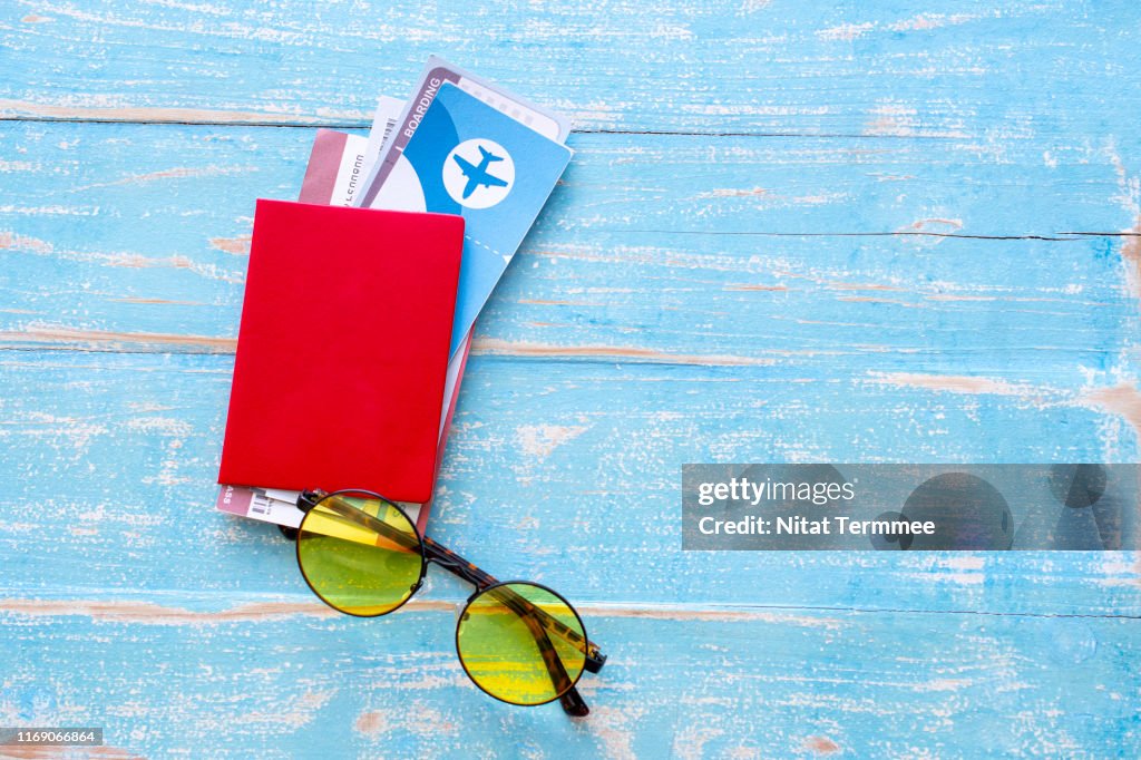 Travel accessories costumes. Passport and Flight tickets. Travel prepared for the summer trip.
