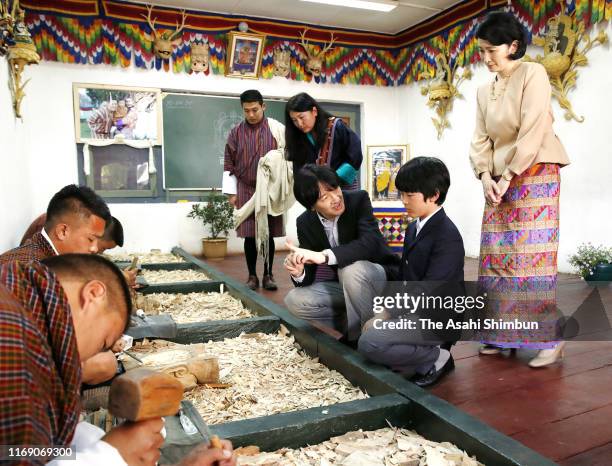 Crown Prince Fumihito, or Crown Prince Akishino, Crown Princess Kiko of Akishino and Prince Hisahito visit the National Institute for Zorig Chusum on...