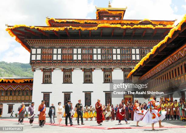 Crown Prince Fumihito, or Crown Prince Akishino, Crown Princess Kiko of Akishino and Prince Hisahito visit the Tashichho Dzong for their meeting with...