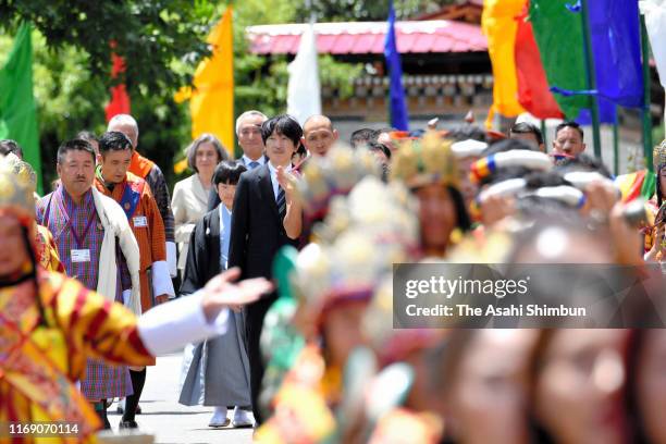 Crown Prince Fumihito, or Crown Prince Akishino, Crown Princess Kiko of Akishino and Prince Hisahito visit the Tashichho Dzong for their meeting with...