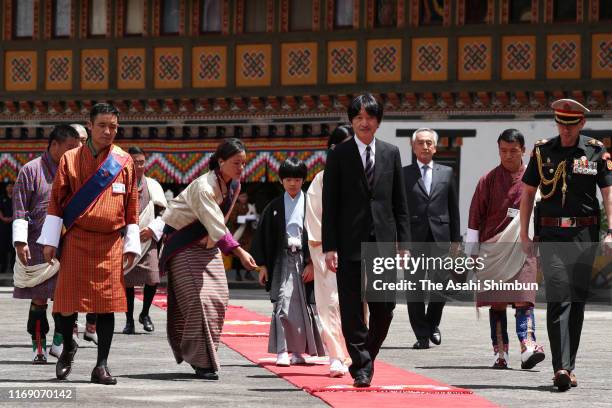 Crown Prince Fumihito, or Crown Prince Akishino, Crown Princess Kiko of Akishino and Prince Hisahito visit the Tashichho Dzong for their meeting with...