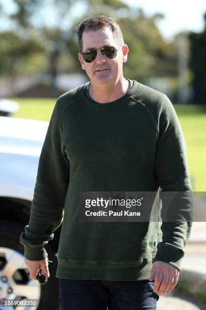 Ross Lyon arrives to speak to the media during a press conference following the announcement of his sacking from the Fremantle Dockers on August 20,...