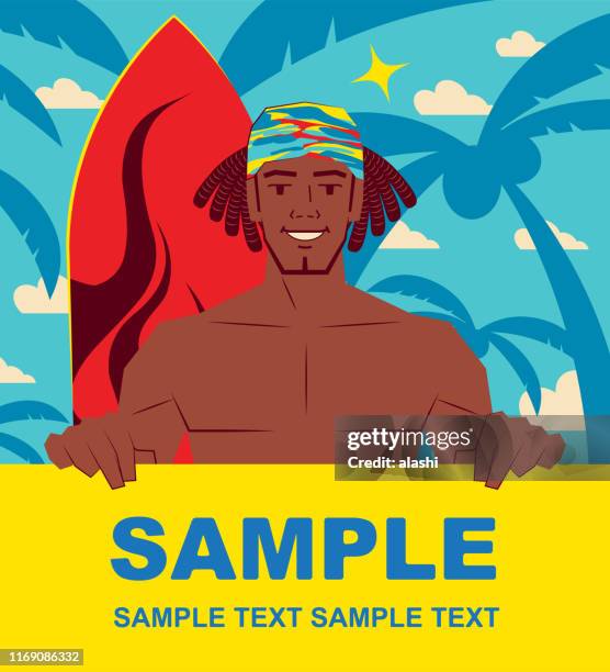 lächelnd stattliche afrikanische ethnische surfer mit stirnband und surfbrett halten leeres zeichen - coaching formacion stock-grafiken, -clipart, -cartoons und -symbole