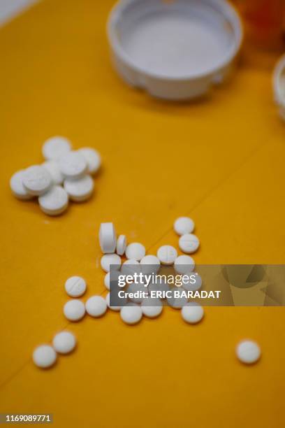 This illustration image shows tablets of opioid painkiller Oxycodone delivered on medical prescription taken on September 18, 2019 in Washington,DC....