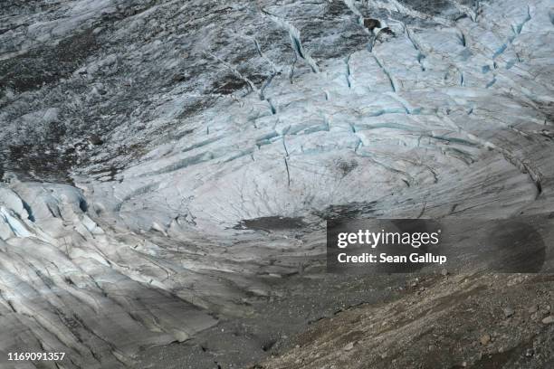 Collapsing portion of the Pasterze glacier, most likely caused by meltwater flowing underneath, is seen on the glacier's tongue on August 14, 2019...