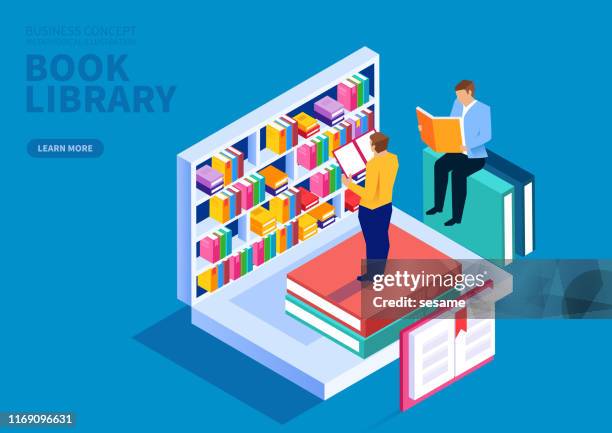 illustrazioni stock, clip art, cartoni animati e icone di tendenza di libreria online, corsi di formazione online, corsi di formazione online - pila di mobili