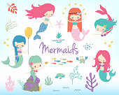Cute little cartoon mermaids clip art. Vector illustration