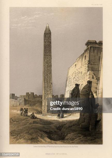 ancient egyptian obelisk, luxor temple egypt, 19th century - thebes illustration stock illustrations