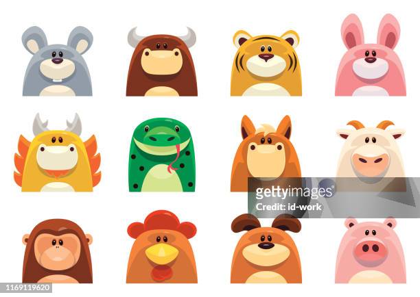chinese zodiac animals - animal head stock illustrations