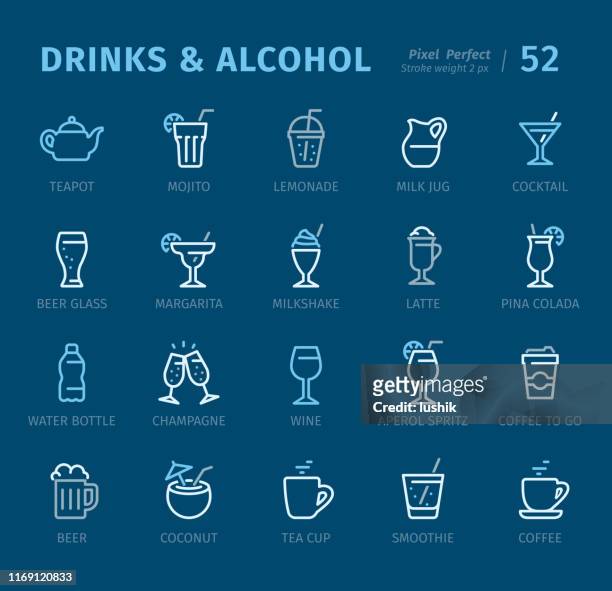 drinks and alcohol - outline icons with captions - beer stein stock illustrations