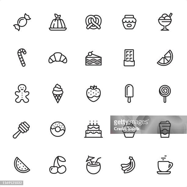 süßes essen - umriss icon set - schokobanane stock-grafiken, -clipart, -cartoons und -symbole