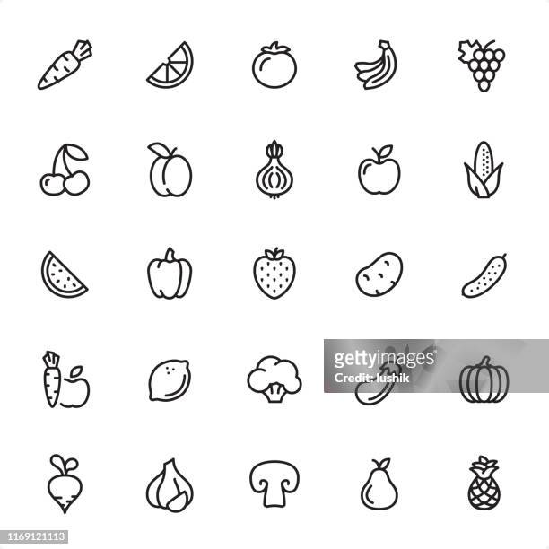 ilustrações de stock, clip art, desenhos animados e ícones de fruits and vegetables - outline icon set - cogumelo comestível