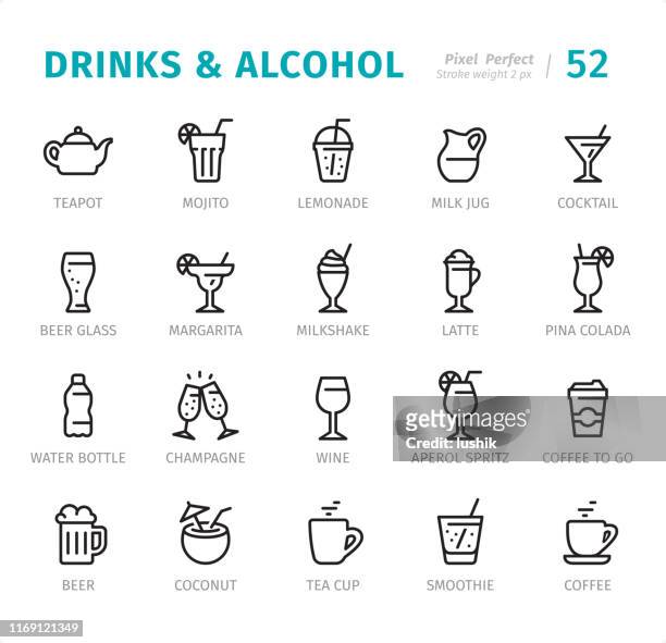 getränke und alkohol - pixel perfect liniensymbole mit beschriftungen - drink stock-grafiken, -clipart, -cartoons und -symbole