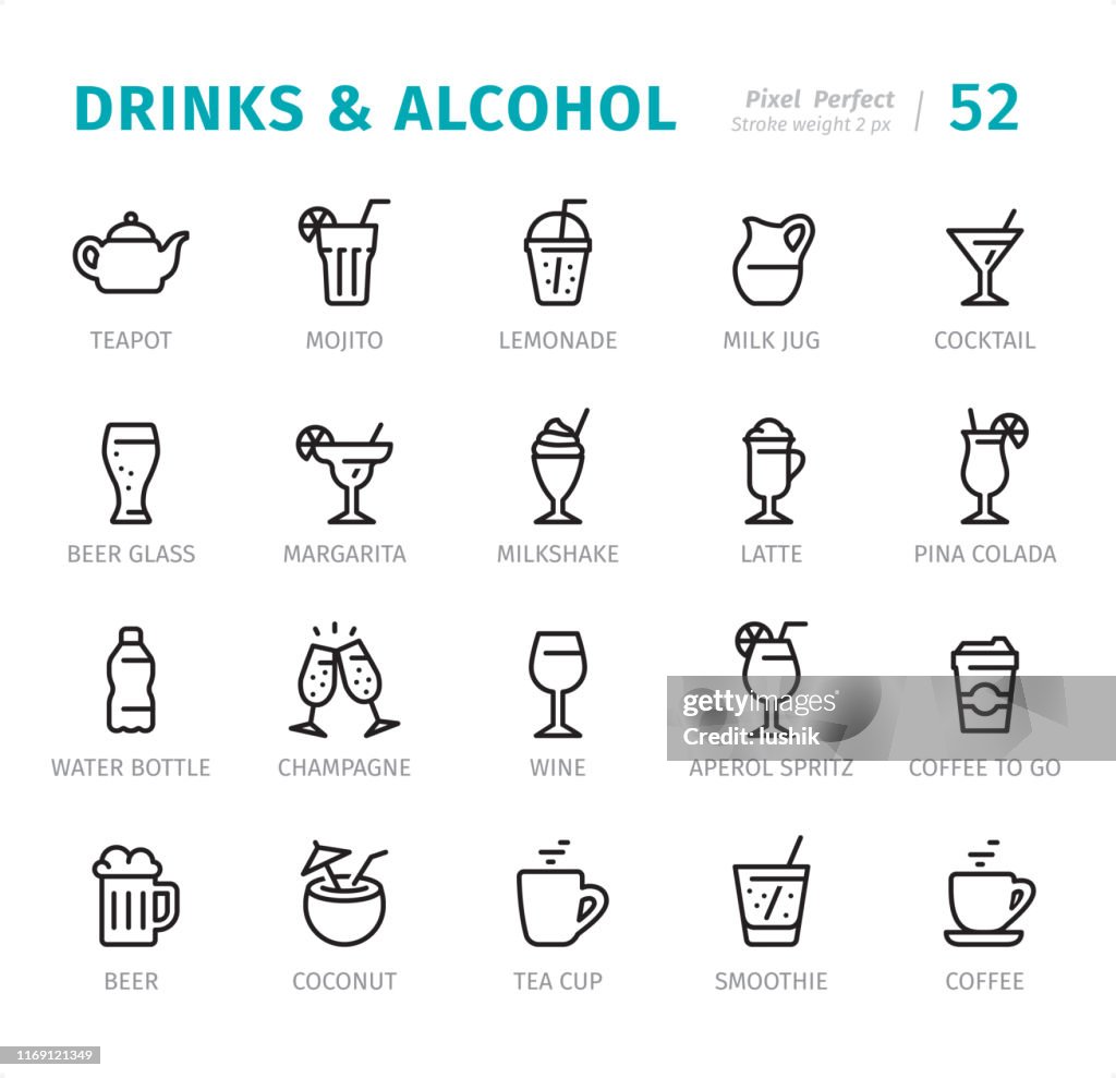 Bebidas y Alcohol - Pixel Iconos de línea perfectos con subtítulos