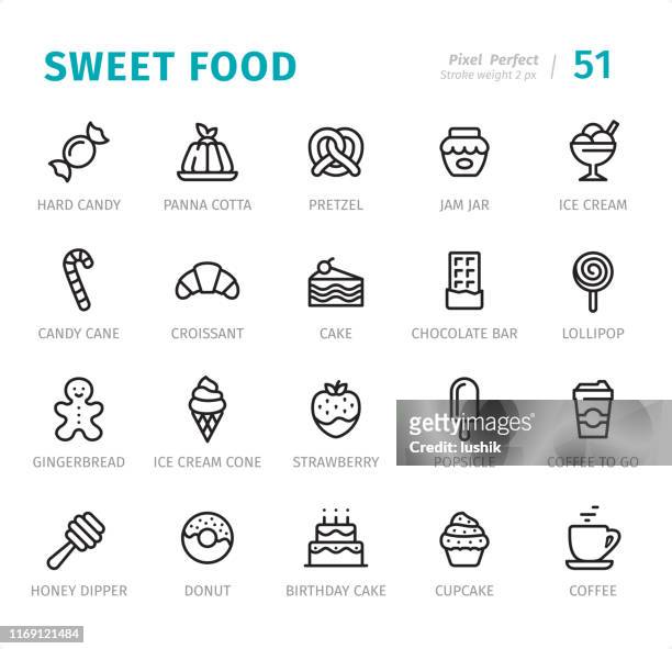 ilustraciones, imágenes clip art, dibujos animados e iconos de stock de comida dulce - pixel iconos de línea perfectos con subtítulos - probar