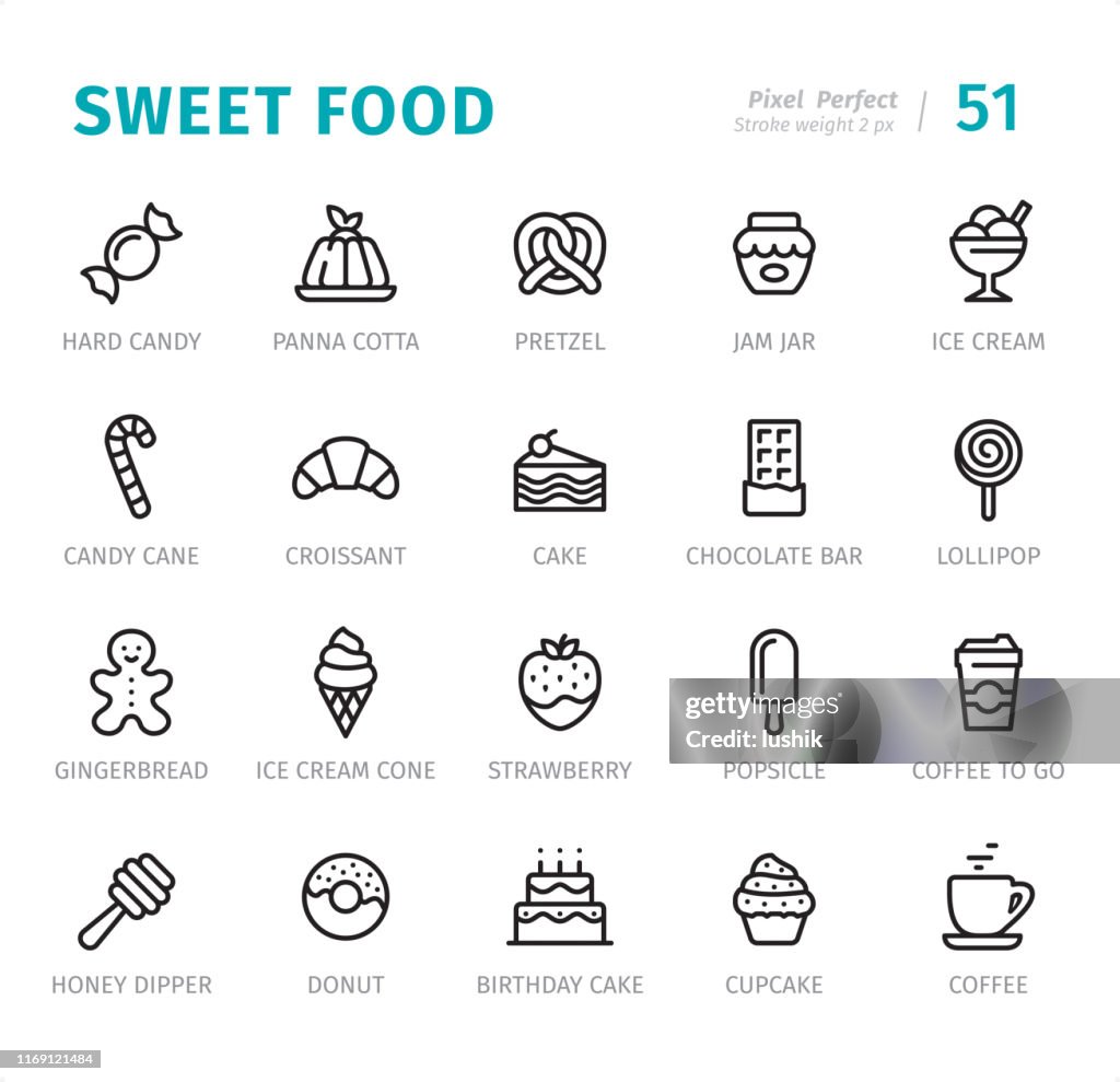 Sweet Food - Pixel Perfect line icons with captions