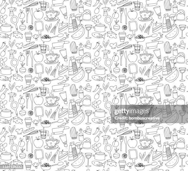 bildbanksillustrationer, clip art samt tecknat material och ikoner med kök och mat mönster - kökstillbehör
