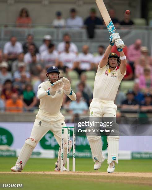 Australia's Steve Smith batting as Jonny Bairstow of England keeps wicket during day four of the First Specsavers Ashes Test Match between England...