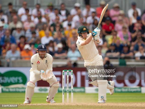 Australia's Steve Smith batting as Jonny Bairstow of England keeps wicket during day four of the First Specsavers Ashes Test Match between England...