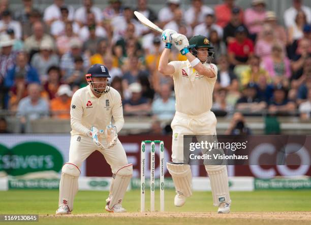 Australia's Steve Smith batting as Jonny Bairstow of England keeps wicket during day four of the First Specsavers Ashes Test Match between England...