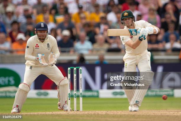 Australia's Steve Smith batting as Jonny Bairstow of England keeps wicket during day four of the First Specsavers Ashes Test Match between England...