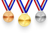 Gold, silver and bronze medals on ribbons realistic illustrations set